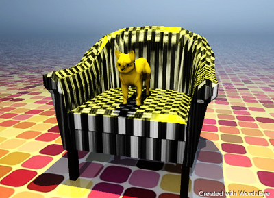 Illustration of an orange cat sitting on a white chair. The ground looks like bricks, but is shiny. A yellow illumination source colors the cat and tops of the chair.