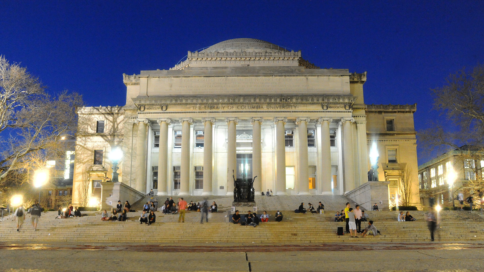 Front of Low Library at Columbia University at night.